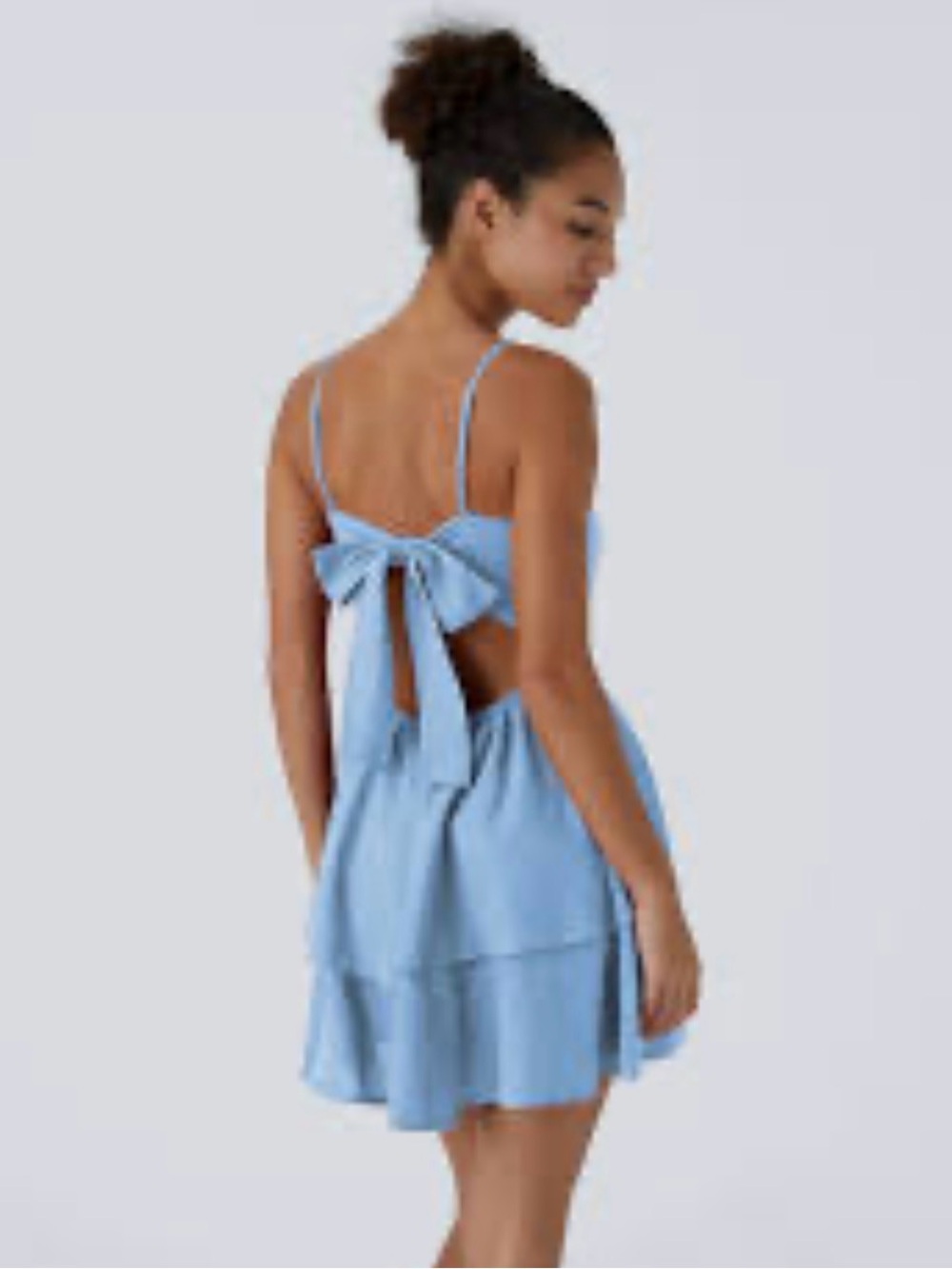 Halara Tie Back Tiered Ruffle Flowy Slip Mini Linen-Feel Dress NEW Small Blue